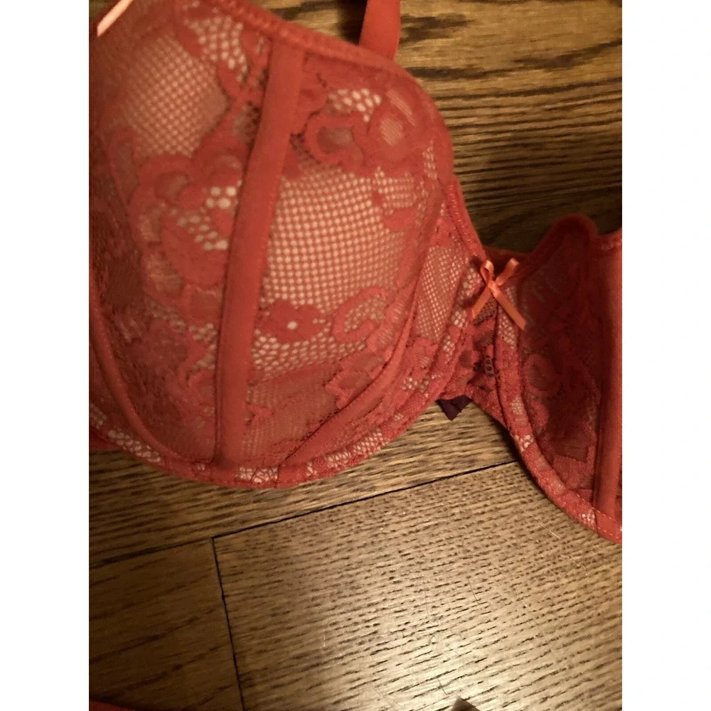 New Adore Me Dusana Push Up Sexy‎ Lace Underwire Bra 36DD Panty XL Set RedOrange